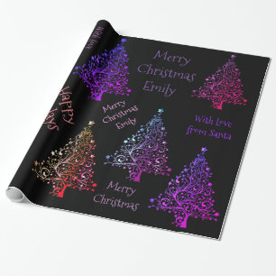 Papel De Presente Padrão Colorido da Árvore de Natal Roxo com Nome