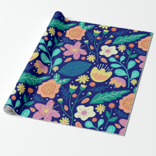 Papel De Presente Padrão colorido das flores de primavera em azul