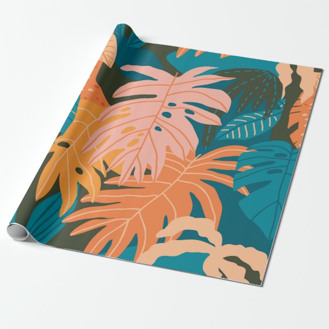 Papel De Presente Padrão colorido das folhas tropicais (Desenrolado)