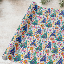 Papel De Presente Padrão Colorido de Árvore Festiva
