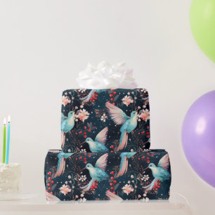 Papel De Presente Padrão Colorido de Beija-flores e Flores de Invern