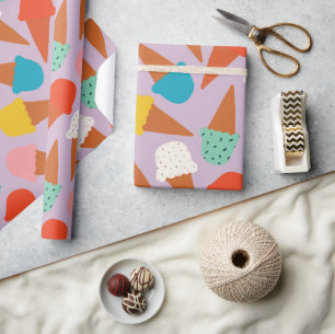 Papel De Presente Padrão Colorido de Cone de Sorvete Desenhado à Mão
