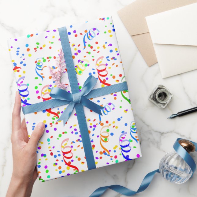 Papel De Presente Padrão Colorido de Confetti e Streamers (Presentear)