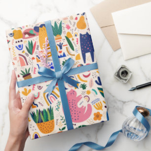 Papel De Presente Padrão Colorido de Gatos do Deserto Boho Plantas
