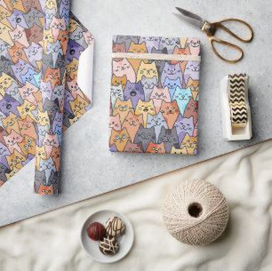 Papel De Presente Padrão Colorido de Gatos Fofos Multidão Rosto de G