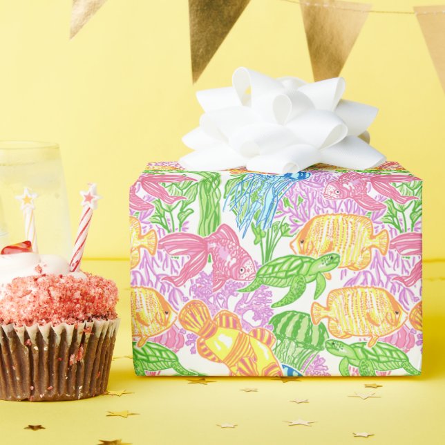 Papel De Presente Padrão Colorido de Peixes Tropicais (Festa de aniversário)