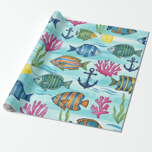 Papel De Presente Padrão Colorido de Vida Marinha Costeira (3)