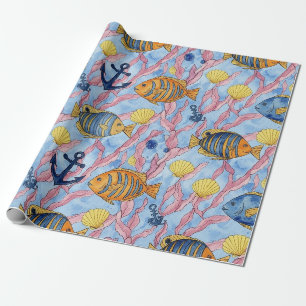 Papel De Presente Padrão Colorido de Vida Marinha Costeira (9)