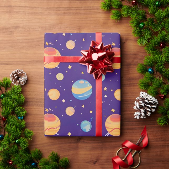 Papel De Presente Padrão Colorido Espacial com Planetas, Estrelas (Presente de Natal)