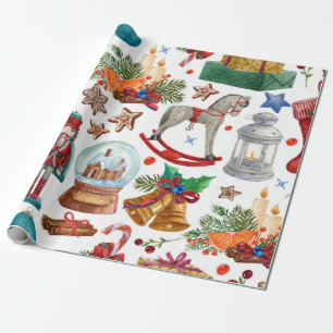 Papel De Presente Padrão com ornamentos de Natais vintages, brinqued