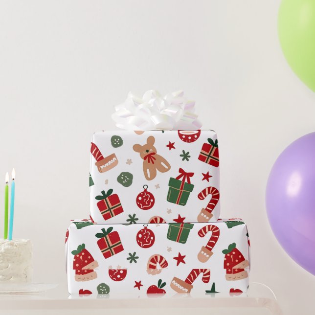 Papel De Presente Padrão com presentes, canas doces e brinquedos (Presentes para festas)