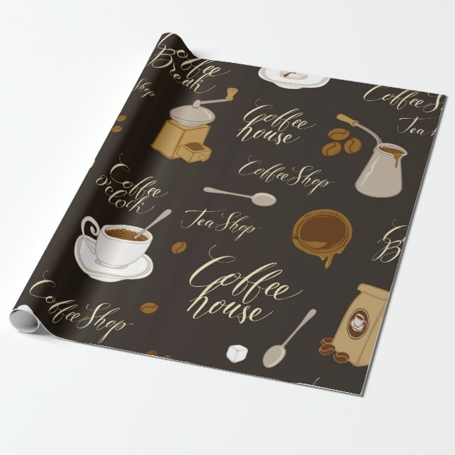 Papel De Presente Padrão constante no tema do chá e café em retrô  (Desenrolado)
