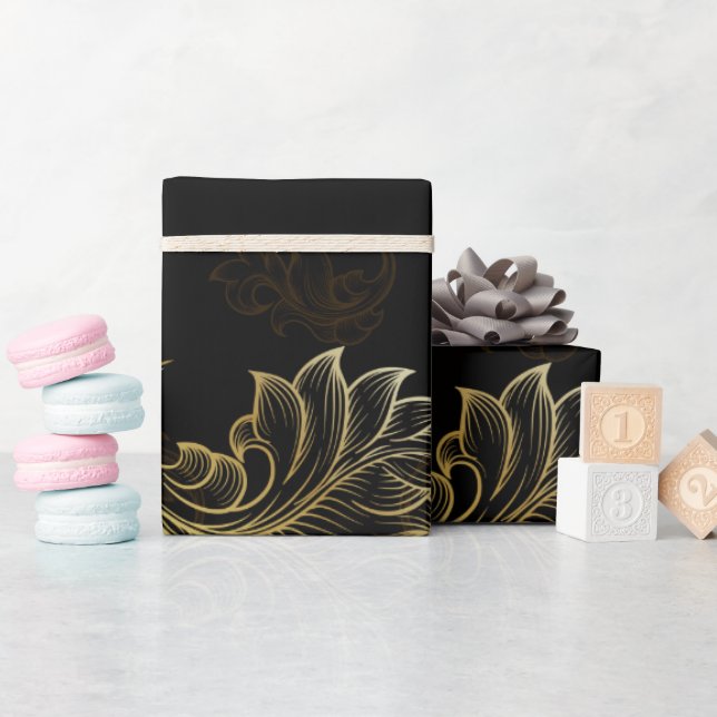 Papel De Presente Padrão contínuo com dourado ornamentado e giratóri (Chá de bebê)