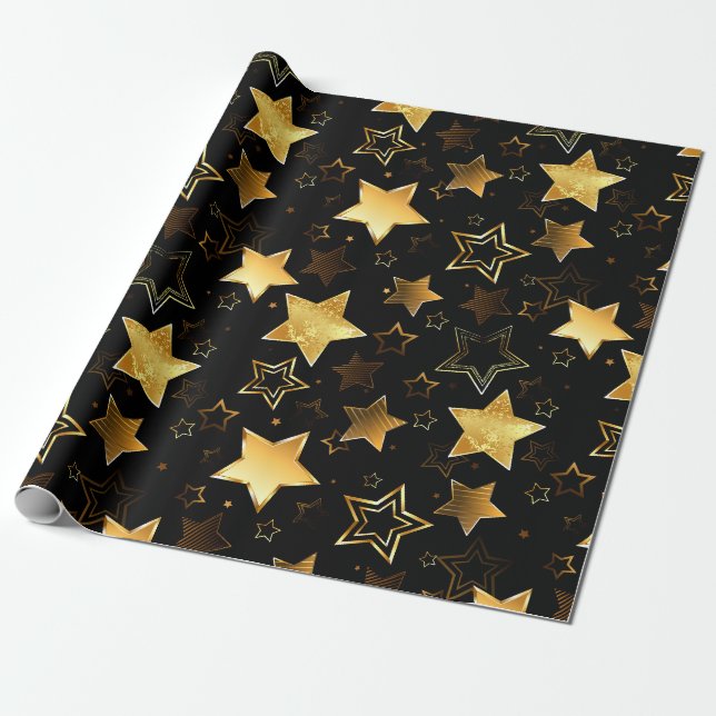Papel De Presente Padrão contínuo com Estrelas Douradas (Desenrolado)
