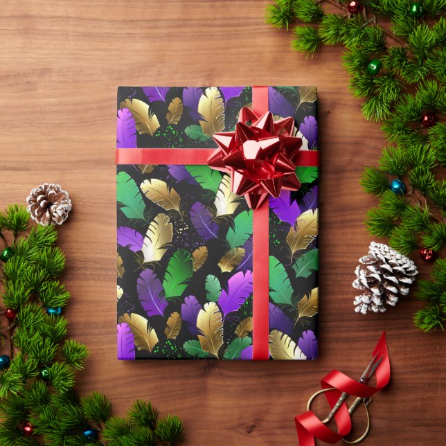 Papel De Presente Padrão contínuo com penas de Mardi Gras (Presente de Natal)