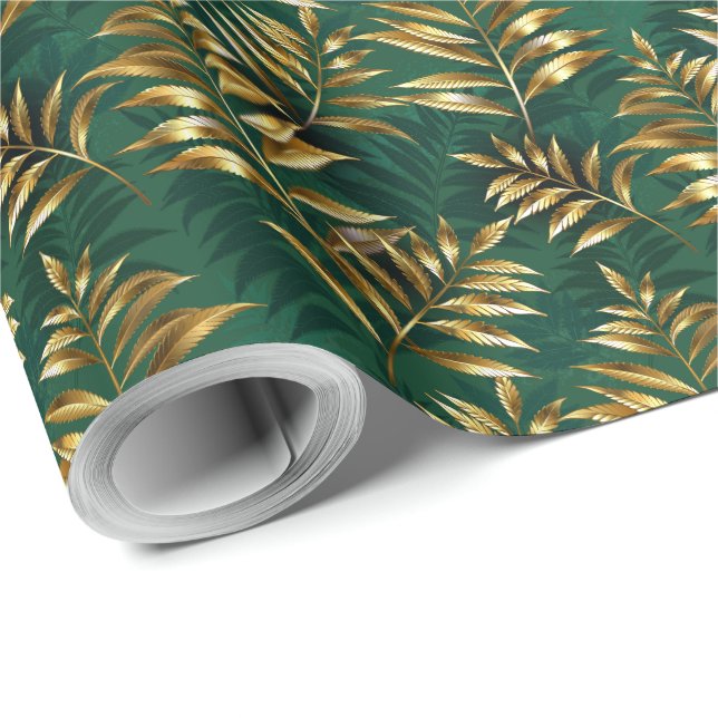 Papel De Presente Padrão contínuo com samambaias douradas (Ponta do rolo)