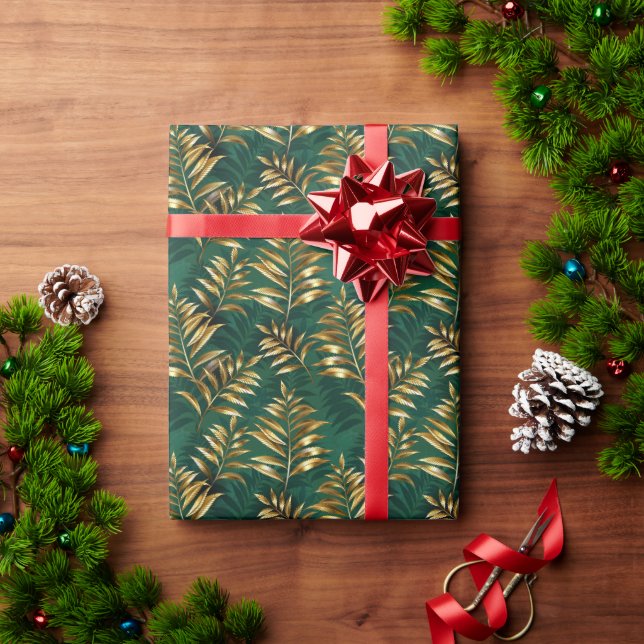 Papel De Presente Padrão contínuo com samambaias douradas (Presente de Natal)