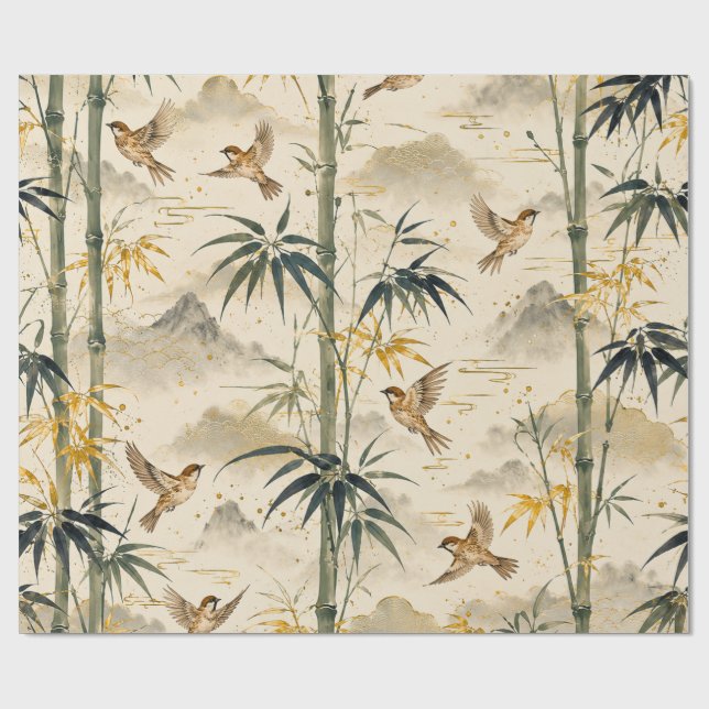 Papel De Presente Padrão contínuo de bambu japonês e pardal – Botan (Aberto)