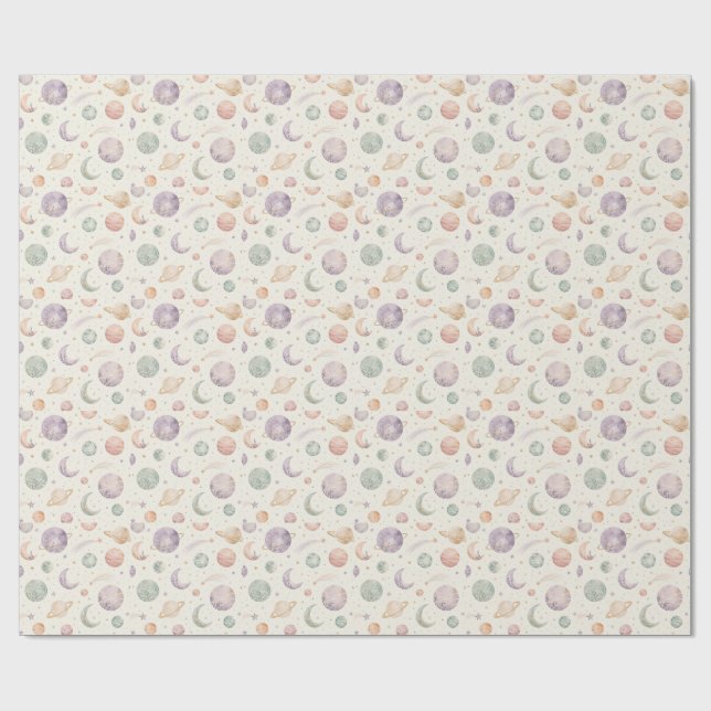 Papel De Presente Padrão contínuo de Boho Aquarela Espaço & Planetas (Aberto)