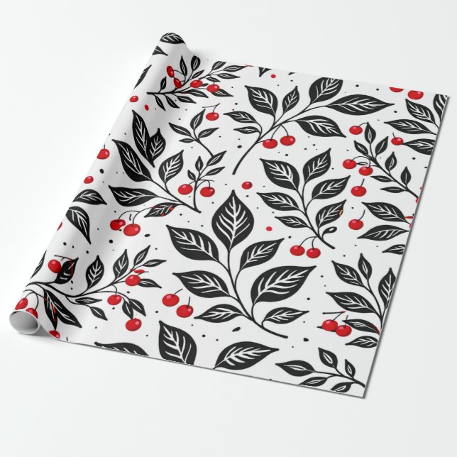 Papel De Presente Padrão contínuo de cerejas botânicas pretas (Desenrolado)
