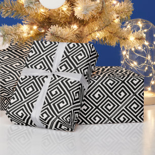 Papel De Presente Padrão contínuo de chave grega marfim/preto elegan