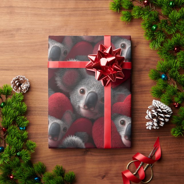 Papel De Presente Padrão contínuo de coala fofo e coração vermelho (Presente de Natal)