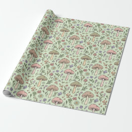 Papel De Presente Padrão contínuo de cogumelo terroso em verde sálvi