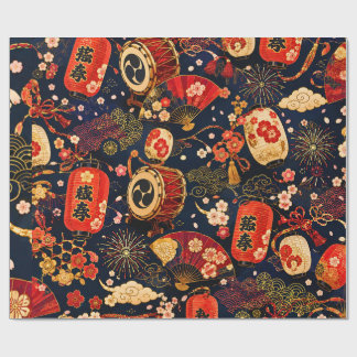 Papel De Presente Padrão contínuo de Festival Japonês com Lanternas,