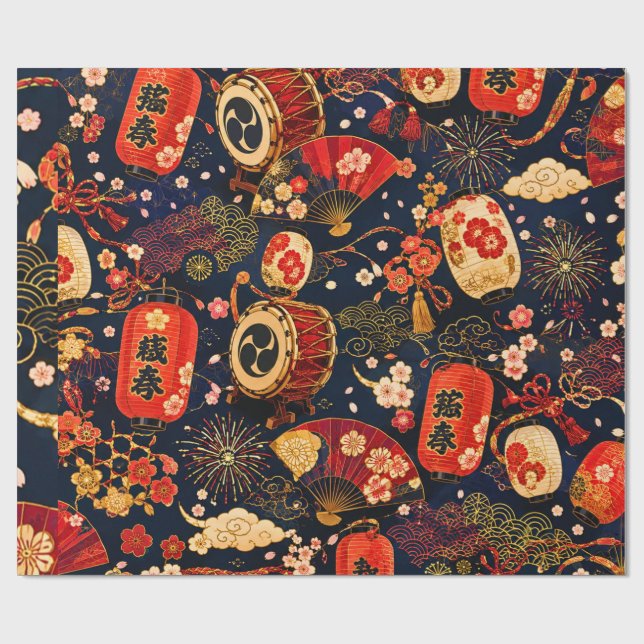 Papel De Presente Padrão contínuo de Festival Japonês com Lanternas, (Aberto)