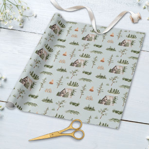 Papel De Presente Padrão contínuo de floresta de cabana em aquarela