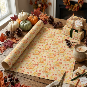 Papel De Presente Padrão contínuo de folhas caindo e abóbora de outo