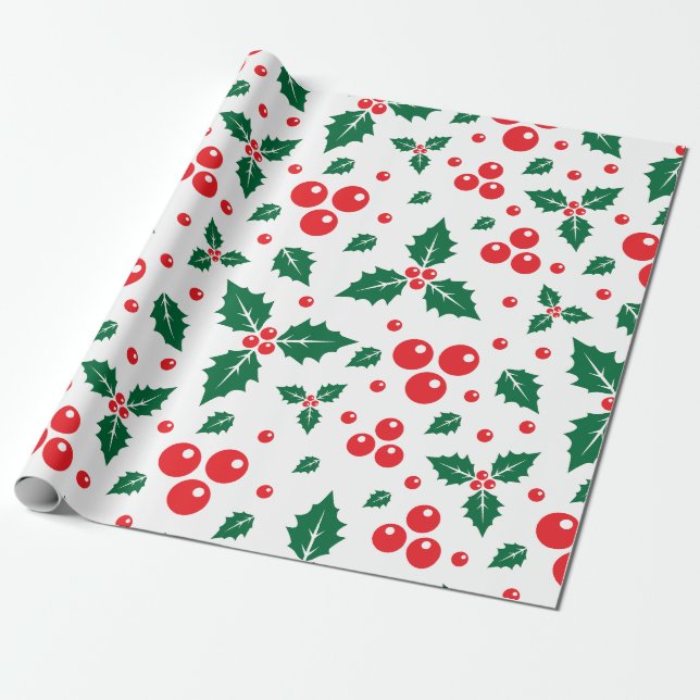 Papel De Presente Padrão contínuo de folhas de bagas de azevinho (Desenrolado)