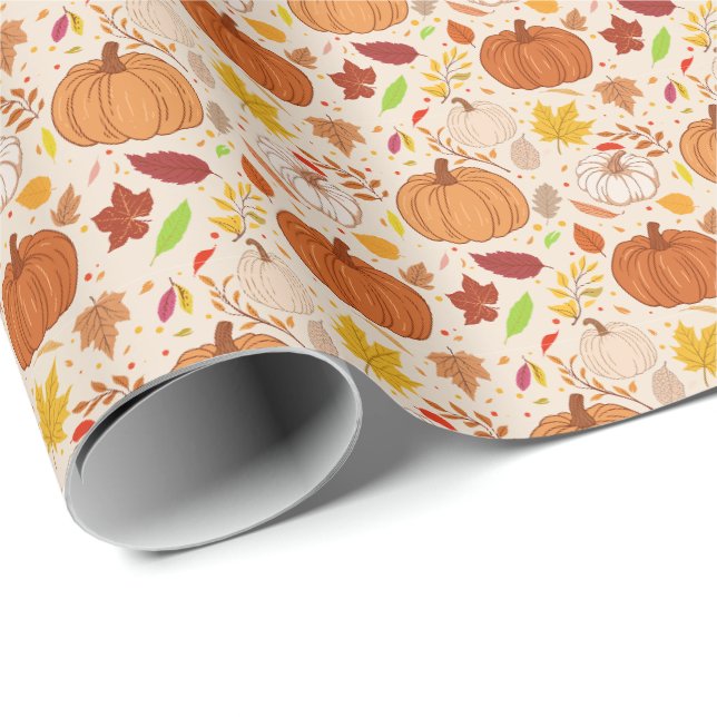 Papel De Presente Padrão contínuo de folhas de outono e abóboras. (Ponta do rolo)