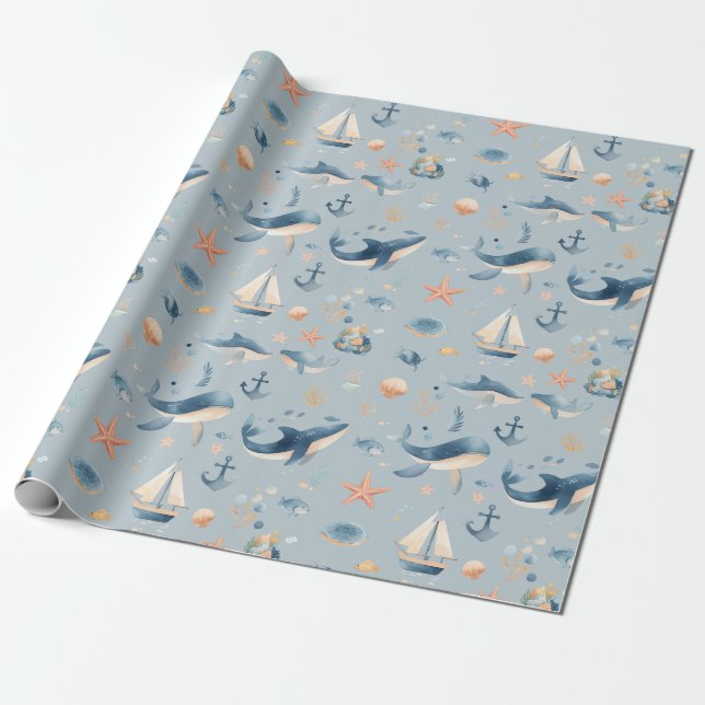 Papel De Presente Padrão contínuo de golfinho em aquarela (Desenrolado)