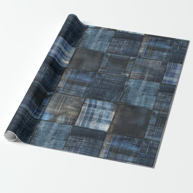 Papel De Presente Padrão contínuo de remendo em jeans índigo (Desenrolado)