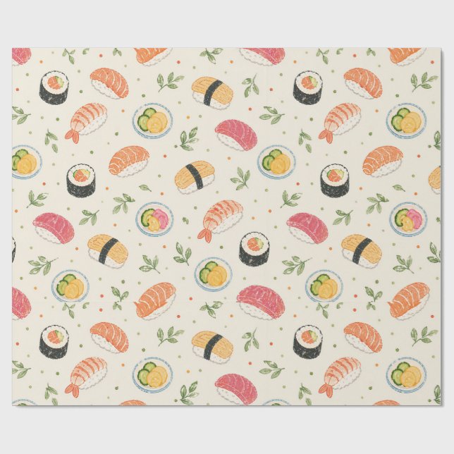 Papel De Presente Padrão contínuo de sushi em aquarela com rolo nigi (Aberto)