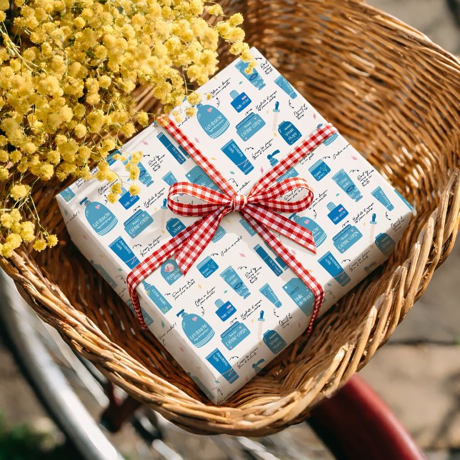 Papel De Presente Padrão Cosmético de Cuidados com a Pele Azul Fofo (Criador carregado)