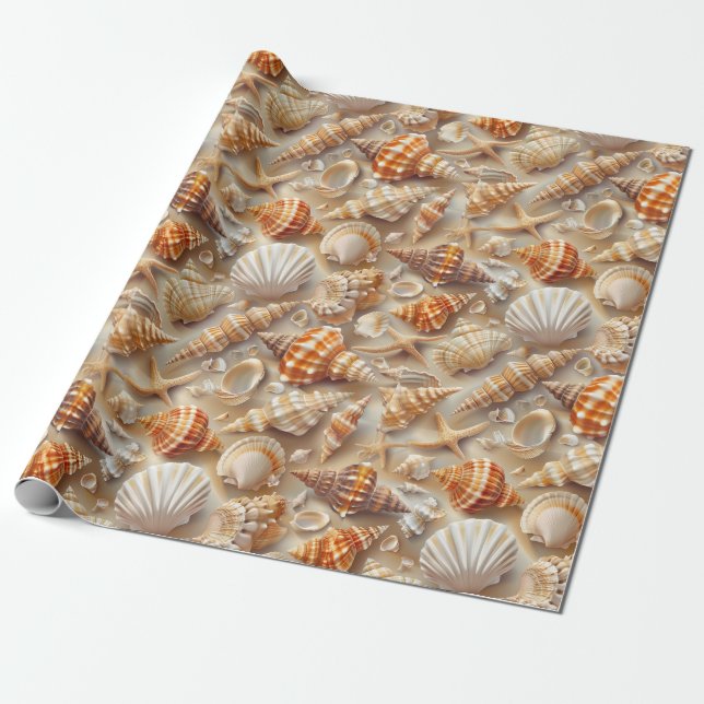 Papel De Presente Padrão Costeira Elegance Seashell (Desenrolado)