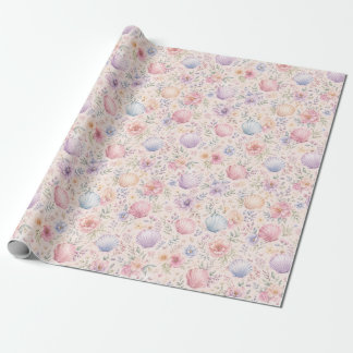 Papel De Presente Padrão Costeiro de Aquarela de Floral Pastel e Con
