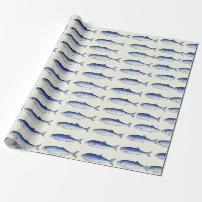 Papel De Presente Padrão Costeiro Mínimo Horizontal de Sardinhas Azu (Desenrolado)