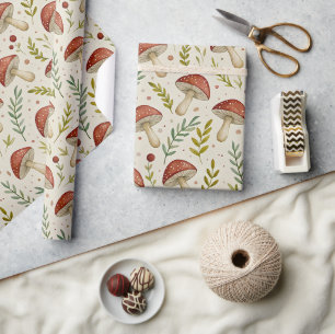 Papel De Presente Padrão Cottagecore de Cogumelo em Tons Terrosos