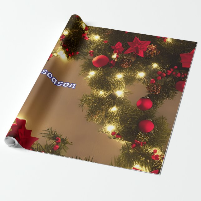 Papel De Presente Padrão da árvore de Natal com arcos vermelhos (Desenrolado)