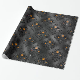 Papel De Presente Padrão Damásco Floral Preto e Laranja