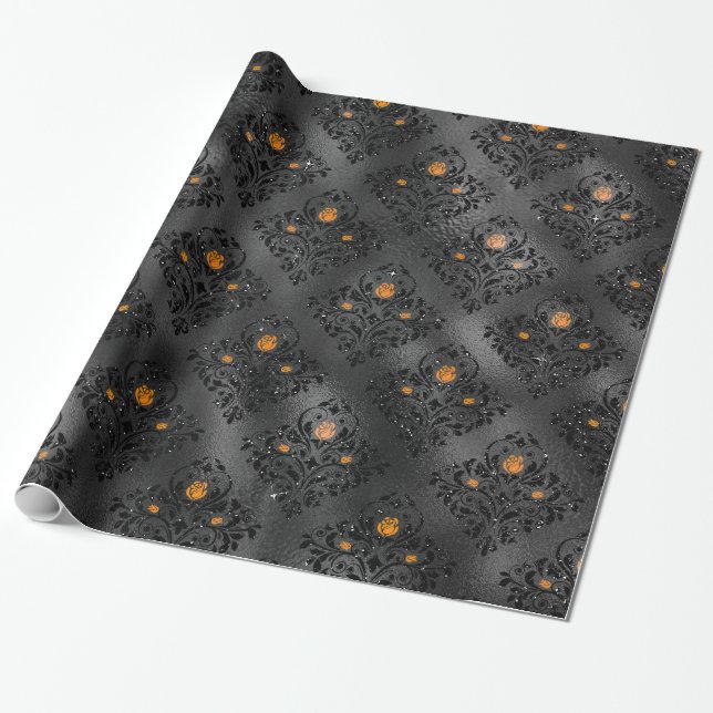 Papel De Presente Padrão Damásco Floral Preto e Laranja (Desenrolado)