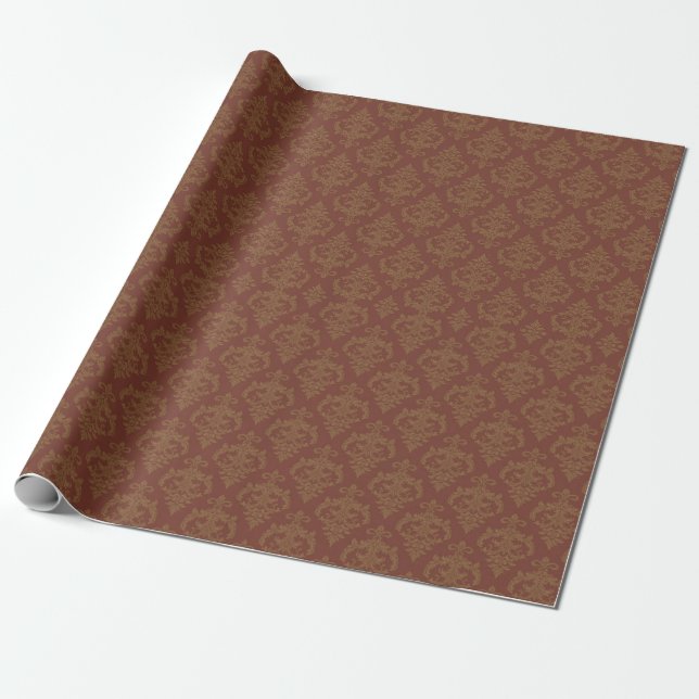 Papel De Presente Padrão Damasco Marrom Vermelho Ferrugem (Desenrolado)