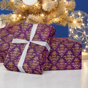 Papel De Presente Padrão Damasco Roxo e Dourado Ornamental