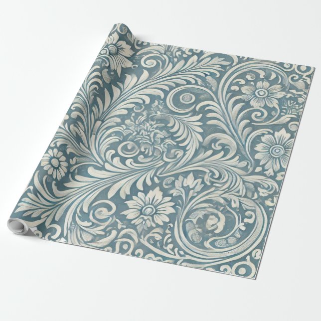 Papel De Presente Padrão Damask em Azul Suave e Marfim (Desenrolado)