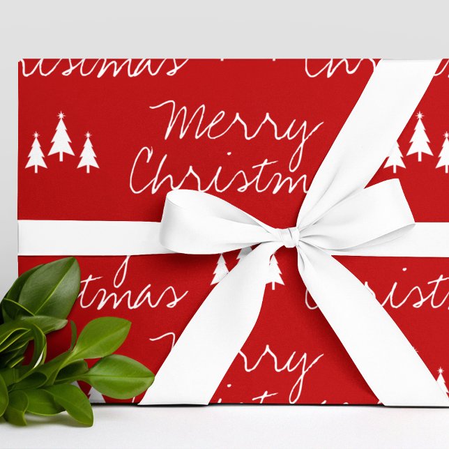 Papel De Presente Padrão das Árvores Brancas Vermelhas Modernas Feli (Modern Red White Trees Pattern Merry Christmas Wrapping Paper
)