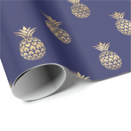 Papel De Presente Padrão de abacaxi Dourado azul de Marinho tropical