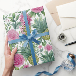Papel De Presente Padrão de Abacaxis Florais em Aquarela Rosa Verde